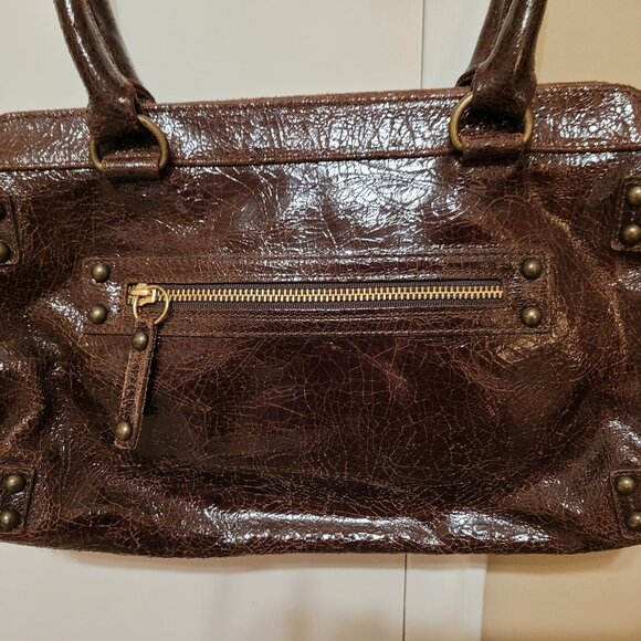 KOOBA Brooklyn Brown Distressed Crackled Leather Satchel Shoulder Bag - Picture 3 of 14